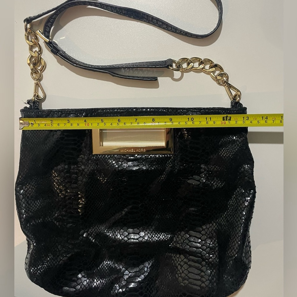 Michael Kors Black Snake-Embossed Leather Shoulder Bag Gold Evening Crossbody - Picture 6 of 8